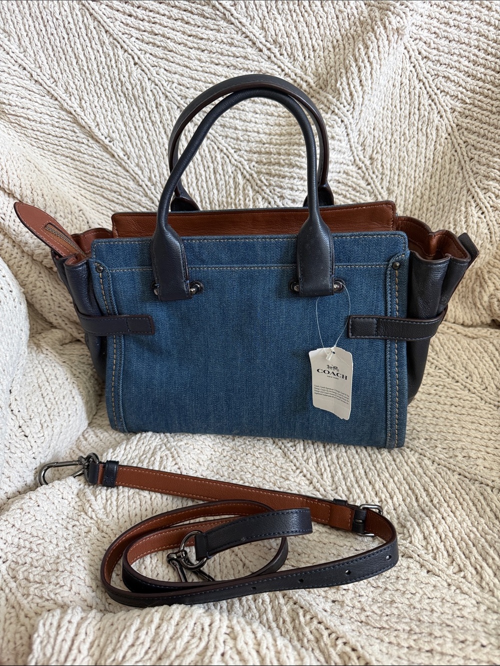 Denim and dark nevy Leather Top-Handle Satchel with Brown Trim - Picture 2 of 8